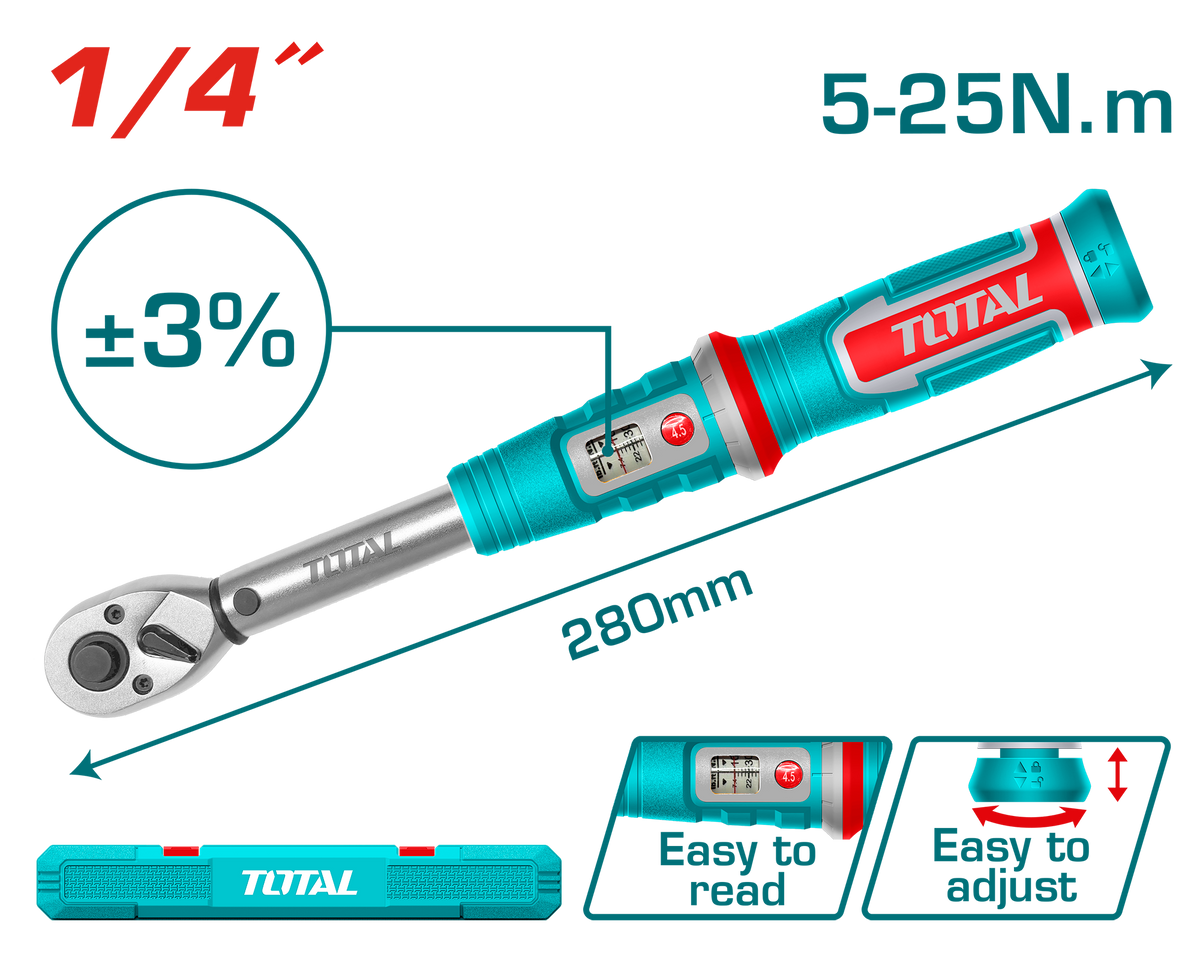 TOTAL Preset Torque Wrench 1/4" – Adjustable Torque Wrench 5-25Nm (THPTW1425N8)