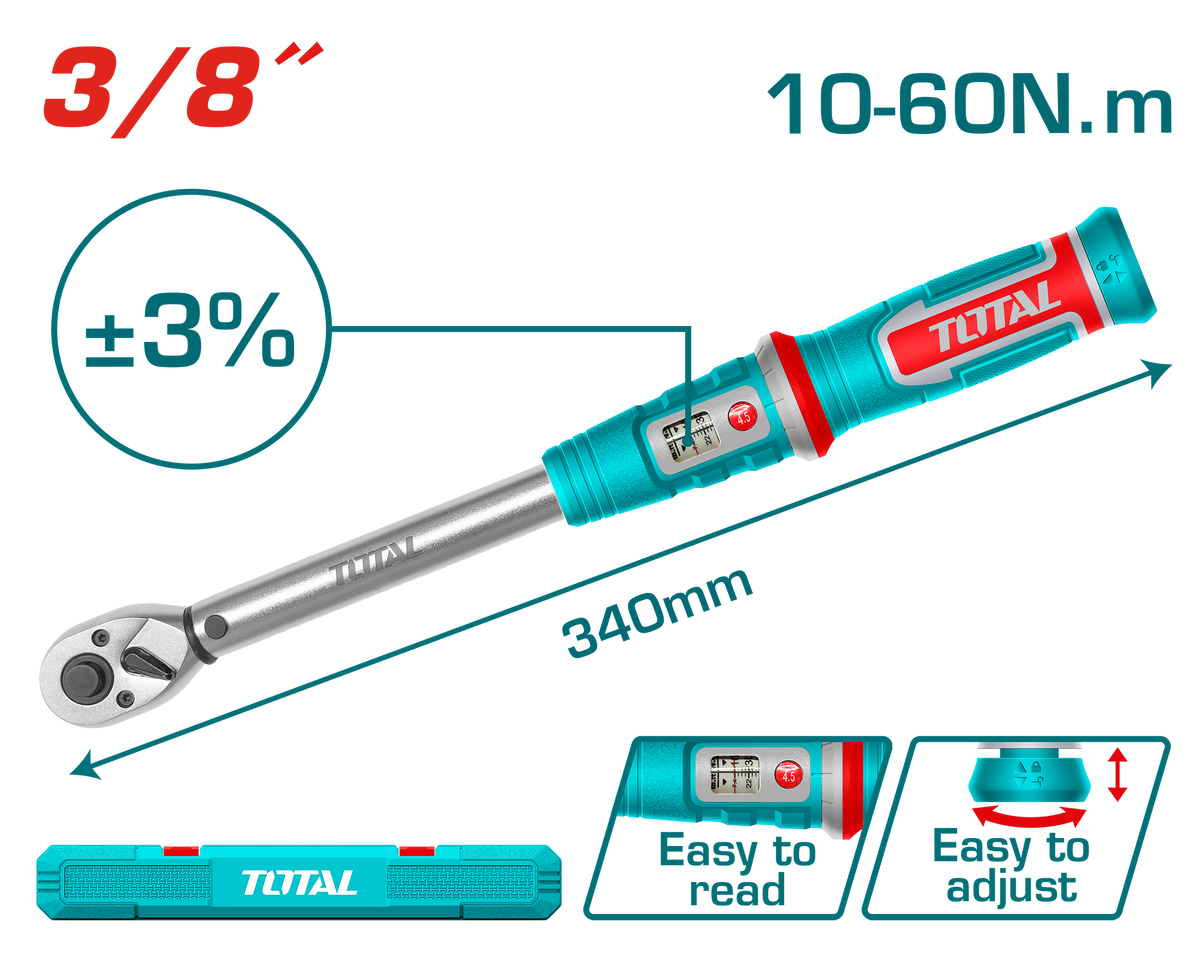 TOTAL Preset Torque Wrench 3/8" – Adjustable Torque Wrench 10-60Nm (THPTW3860N6)