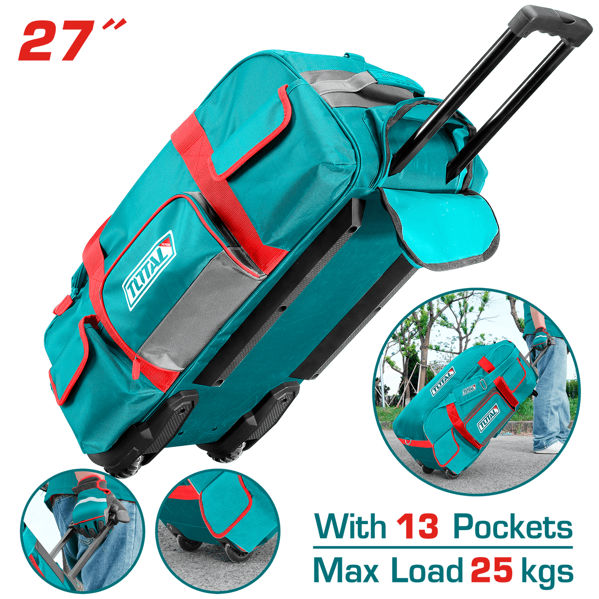 TOTAL 27" Wheeled Tool Bag with Telescopic Handle – Heavy Duty 1680D Polyester Tool Storage (THRRTB2712)