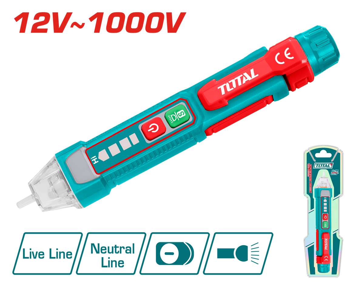 TOTAL AC Voltage Detector – 12V–1000V, Sound & Light Alarm (THT100091)