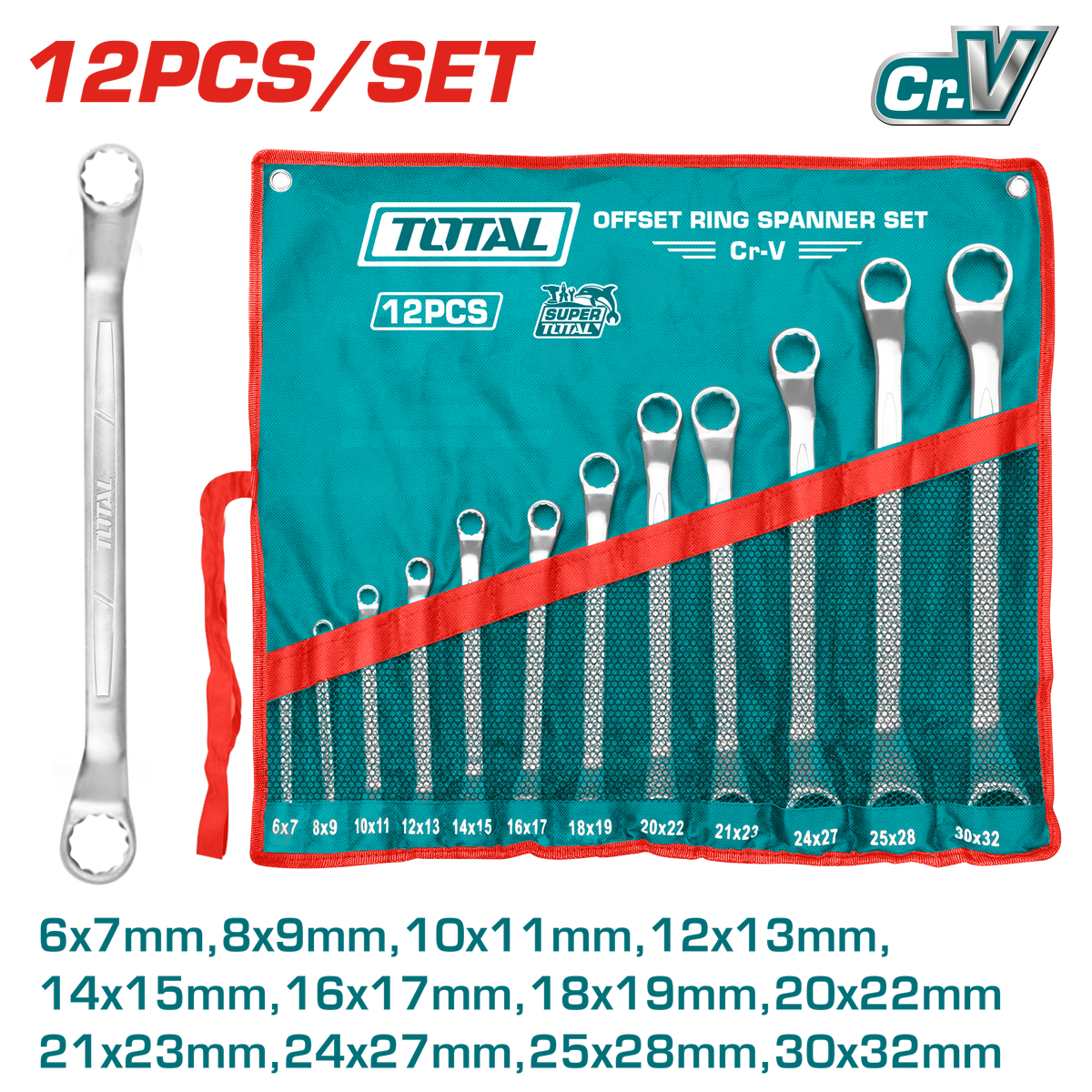 TOTAL 12 Pcs Offset Ring Spanner Set – 6–32mm, Fine Polished, Packed in Canvas Bag (THT1024121)
