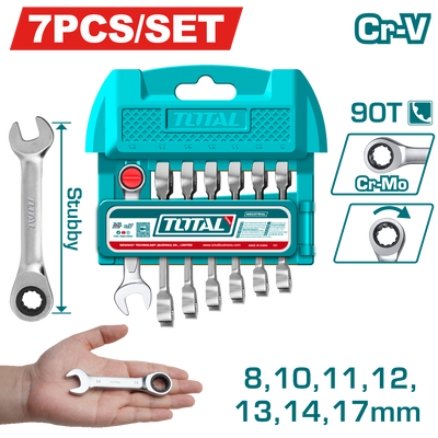 TOTAL 7 Pcs Short Ratchet Spanner Set 8–17mm – 90 Teeth Cr-V Steel Combination Wrenches (THT103RK176)
