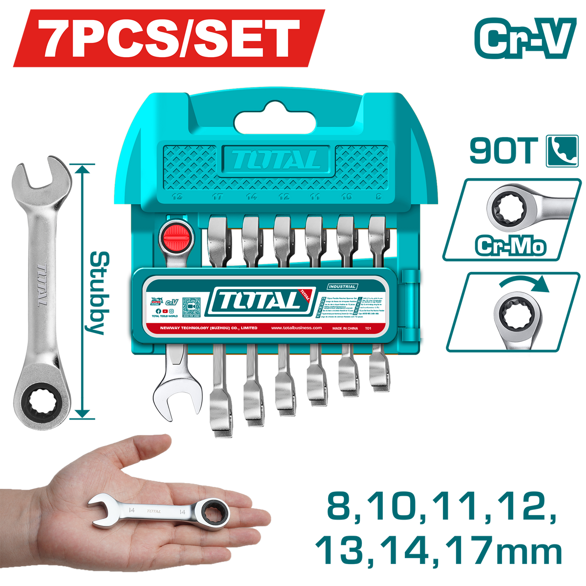TOTAL 7 Pcs Short Ratchet Spanner Set 8–17mm – 90 Teeth Cr-V Steel Combination Wrenches (THT103RK176)