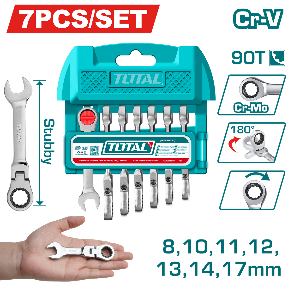 TOTAL 7 Pcs Short Flexible Ratchet Spanner Set – 90 Teeth, 8–17mm Cr-V (THT103RK676)