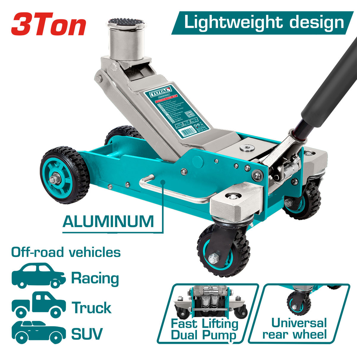 TOTAL 3 Ton Hydraulic Floor Jack – Off-Road Heavy-Duty Jack with Extended Lifting Head & Large Rubber Wheels (THT10803)