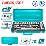 TOTAL 24 Pcs 1/2" Socket Set – Cr-V Steel with Metal Box (THT121242)
