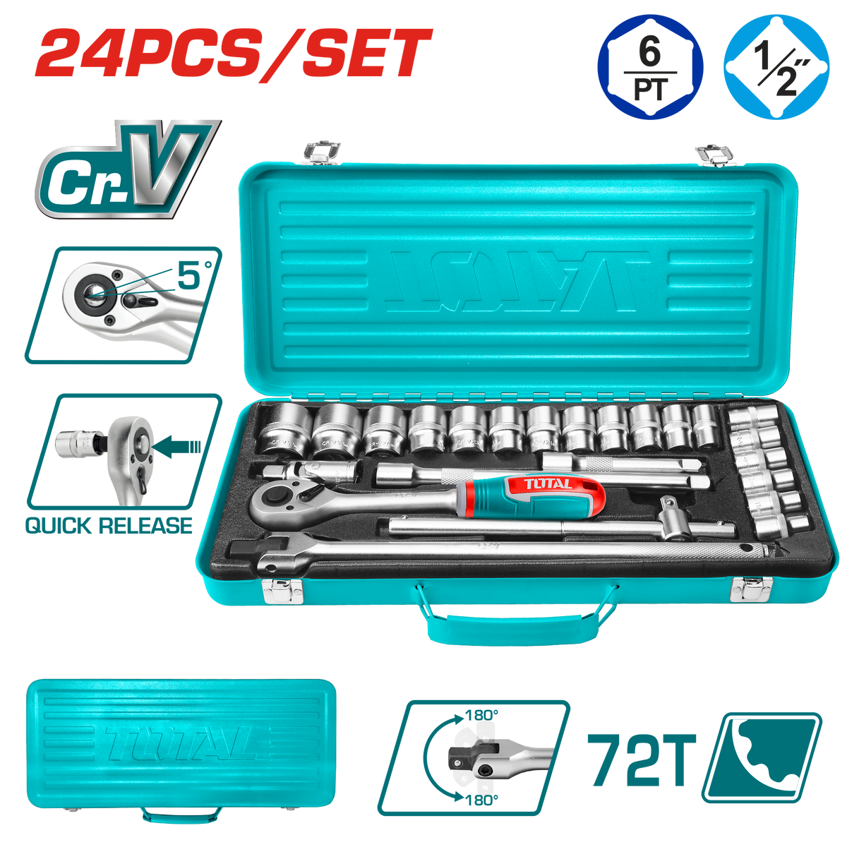 TOTAL 24 Pcs 1/2" Socket Set – Cr-V Steel with Metal Box (THT121242)