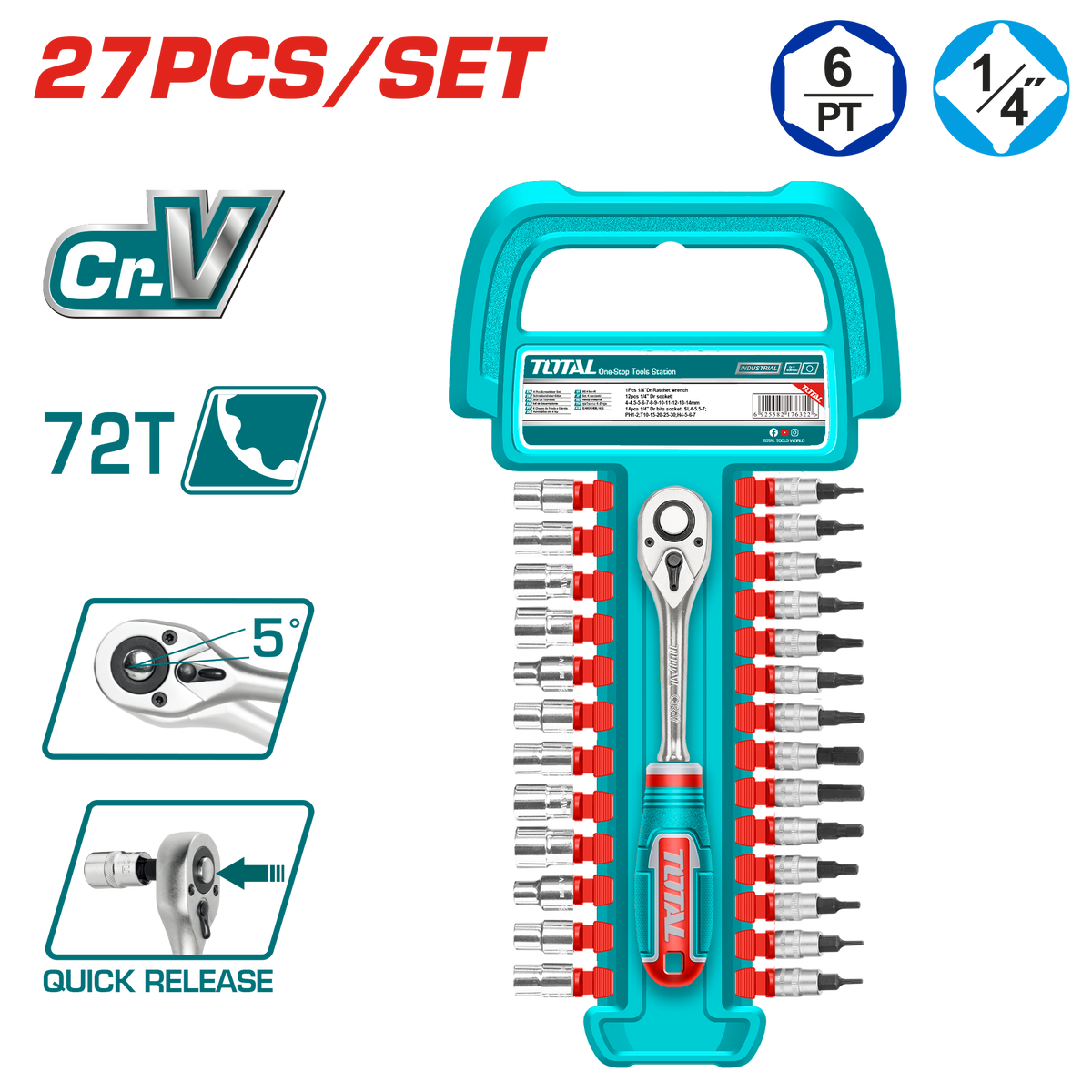 TOTAL 27-Piece 1/4" Socket Set with Quick Release Ratchet (THT141271)