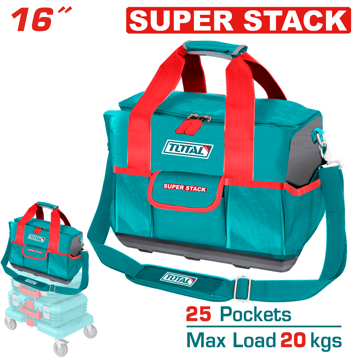 TOTAL 16" Heavy-Duty Tool Bag – 25 Pockets, 20kg Capacity & Stackable Design (THT16165)