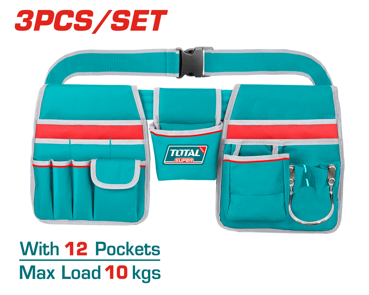 TOTAL Tool Bag Set with Adjustable Belt – 12 Pockets, Hammer Holder, 1680D Polyester (THT16P20325)