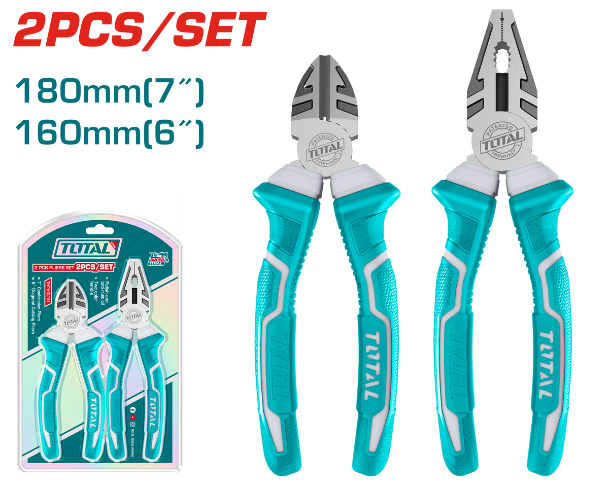 TOTAL 2 Pcs Pliers Set – Combination 7" & Diagonal Cutting 6" (THT1K0206)