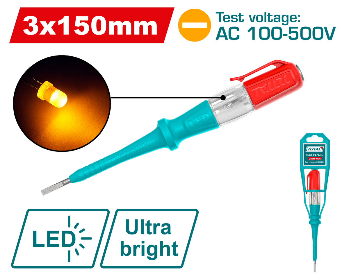 TOTAL Electric Voltage Tester Screwdriver 100–500V AC – Battery-Free LED Test Pencil 150mm (THT291518)