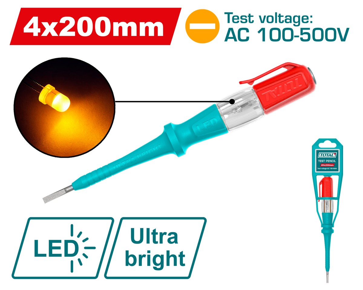 TOTAL Electric Voltage Tester Screwdriver 100–500V AC – Battery-Free LED Test Pencil 200mm (THT292018)