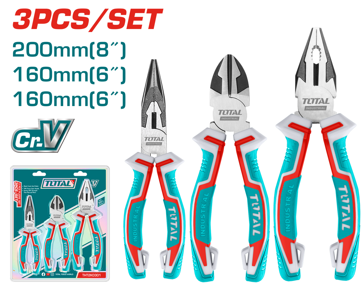 TOTAL 3 Pcs Pliers Set – Cr-V Steel – Two-Color Handle (THT2K0301)