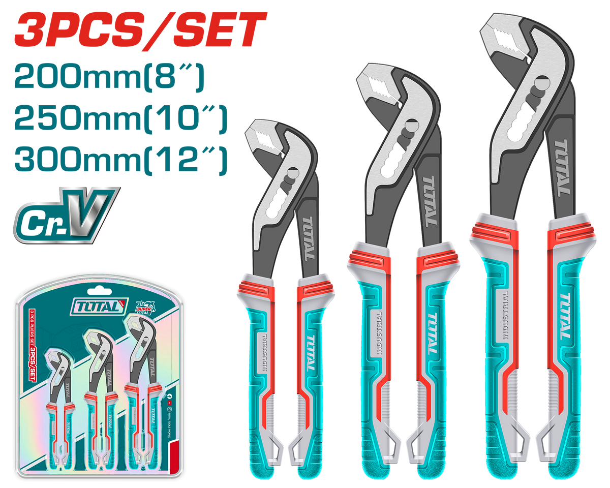 TOTAL 3 Pcs Pump Pliers Set – Cr-V, Black Finish with TPR Comfort Grip (THT2PK231)