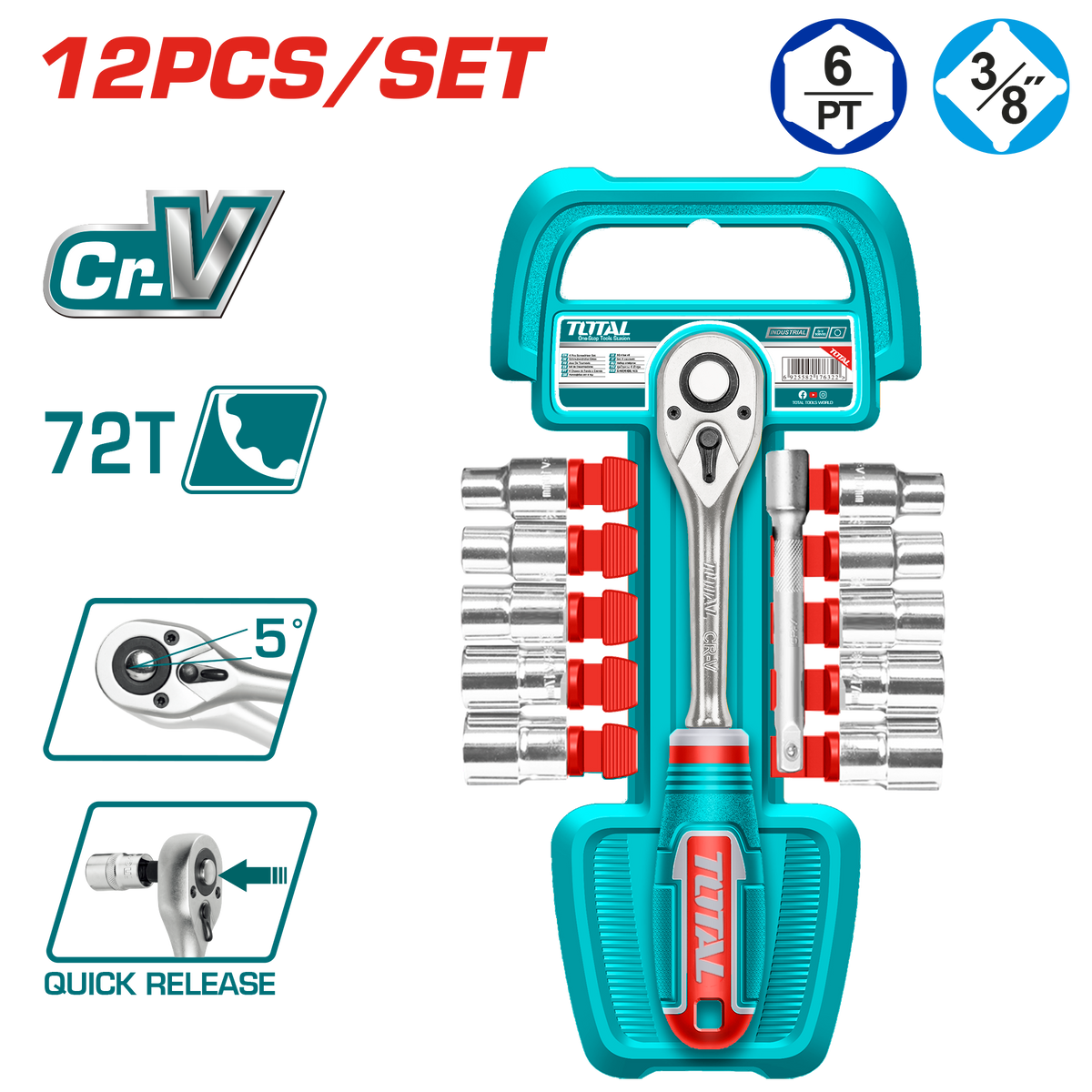 TOTAL 12 Pcs 3/8" Socket Set – 72T Ratchet with Extension Bar (THT381121)
