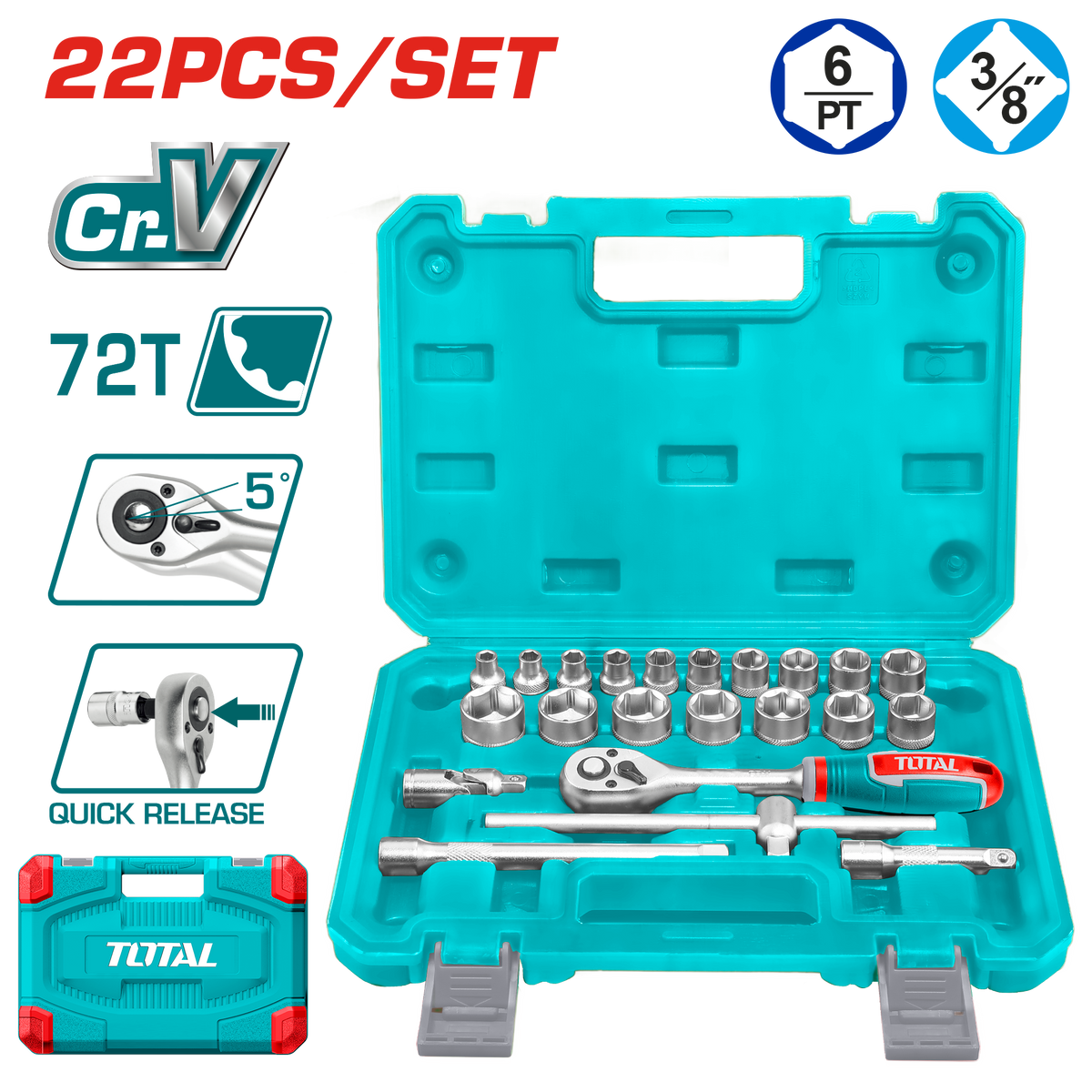 TOTAL 22 Pcs 3/8" Socket Set – Professional Ratchet & Accessories Kit (THT381221)