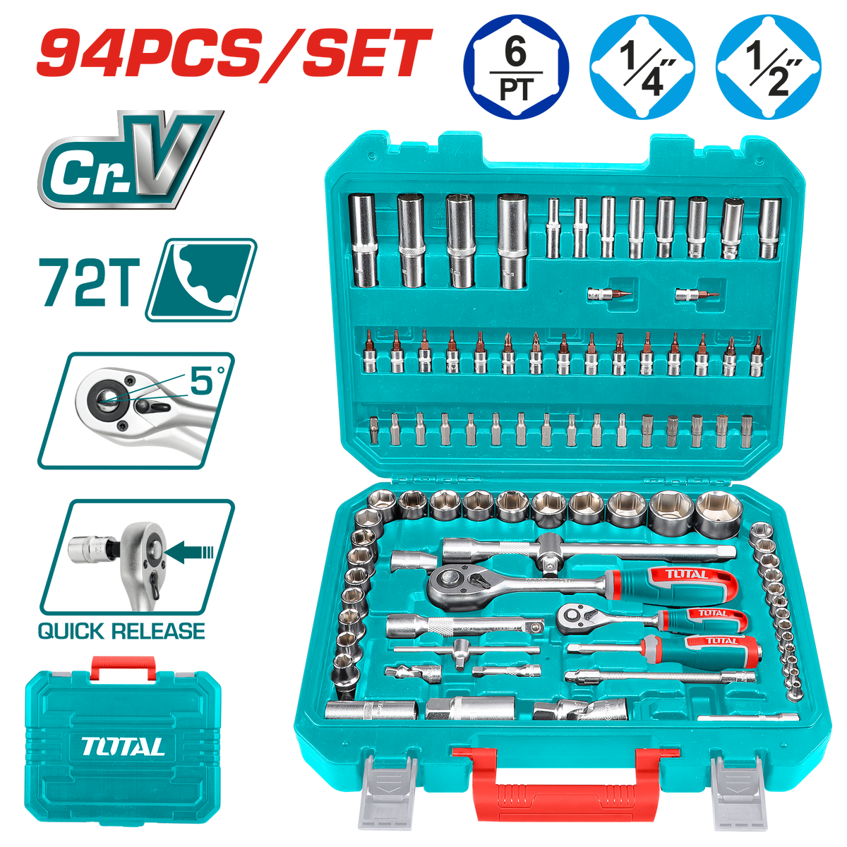 TOTAL 94 Pcs 1/4" & 1/2" Socket Set – Cr-V Steel, 72T Ratchets, Deep Sockets, Extensions & Full Accessory Kit (THT421942)