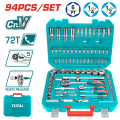 TOTAL 94 Pcs 1/4" & 1/2" Socket Set – Cr-V Steel, 72T Ratchets, Deep Sockets, Extensions & Full Accessory Kit (THT421942)