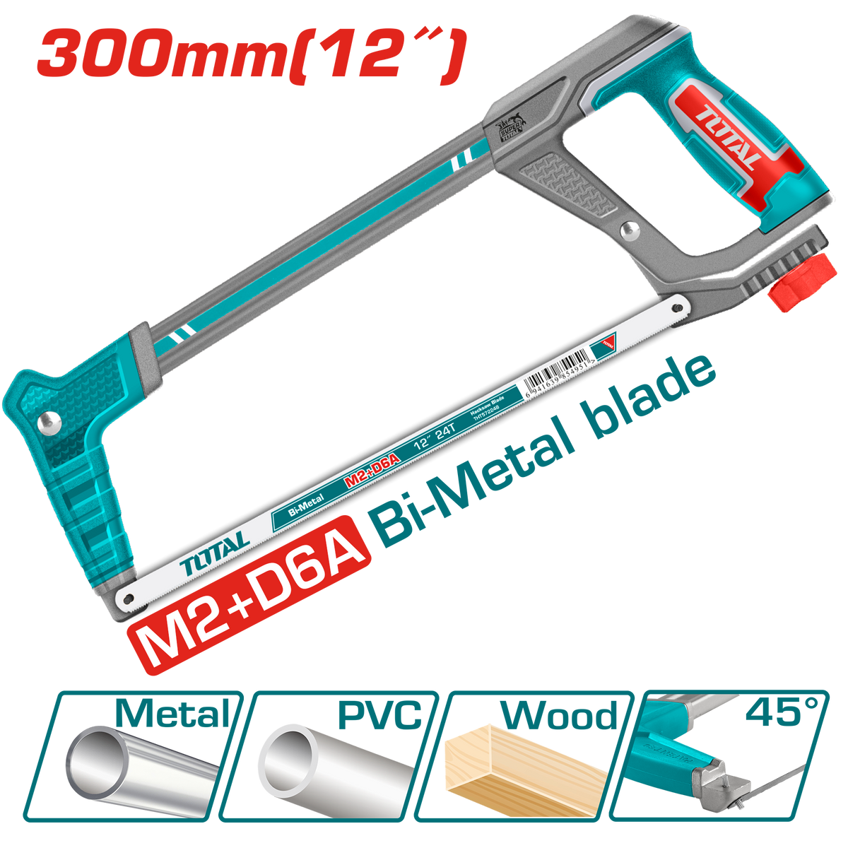 TOTAL Hacksaw Frame 300mm | 12" – Adjustable Angle, Soft Grip (THT541016)