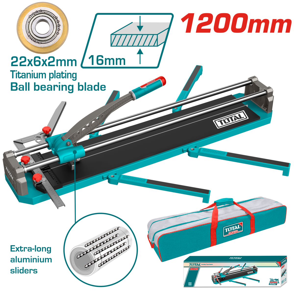 TOTAL Tile Cutter 1200mm – 16mm Cutting Thickness, Aluminum Handle, Tungsten Carbide Blade (THT571201)