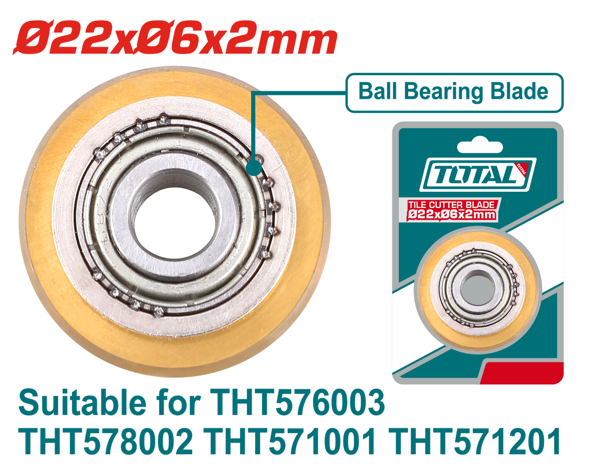 TOTAL Tile Cutter Blade Ø22xØ6x2mm – Tungsten Carbide with Ball Bearing (THT576003B)