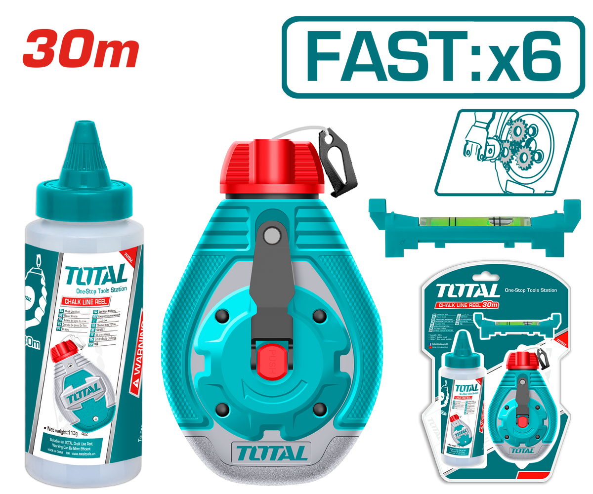 TOTAL Heavy Duty Chalk Line Reel - 30m, X6 Faster Retraction (THT666301)
