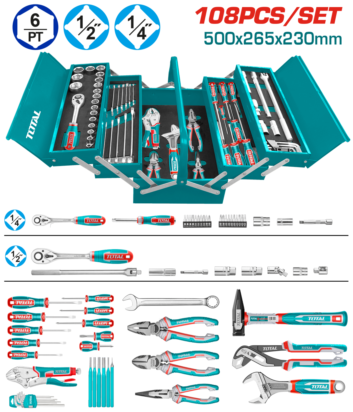 TOTAL 108-Piece Tool Chest Set – Sockets, Wrenches, Screwdrivers, Pliers & More (THTCS121081)