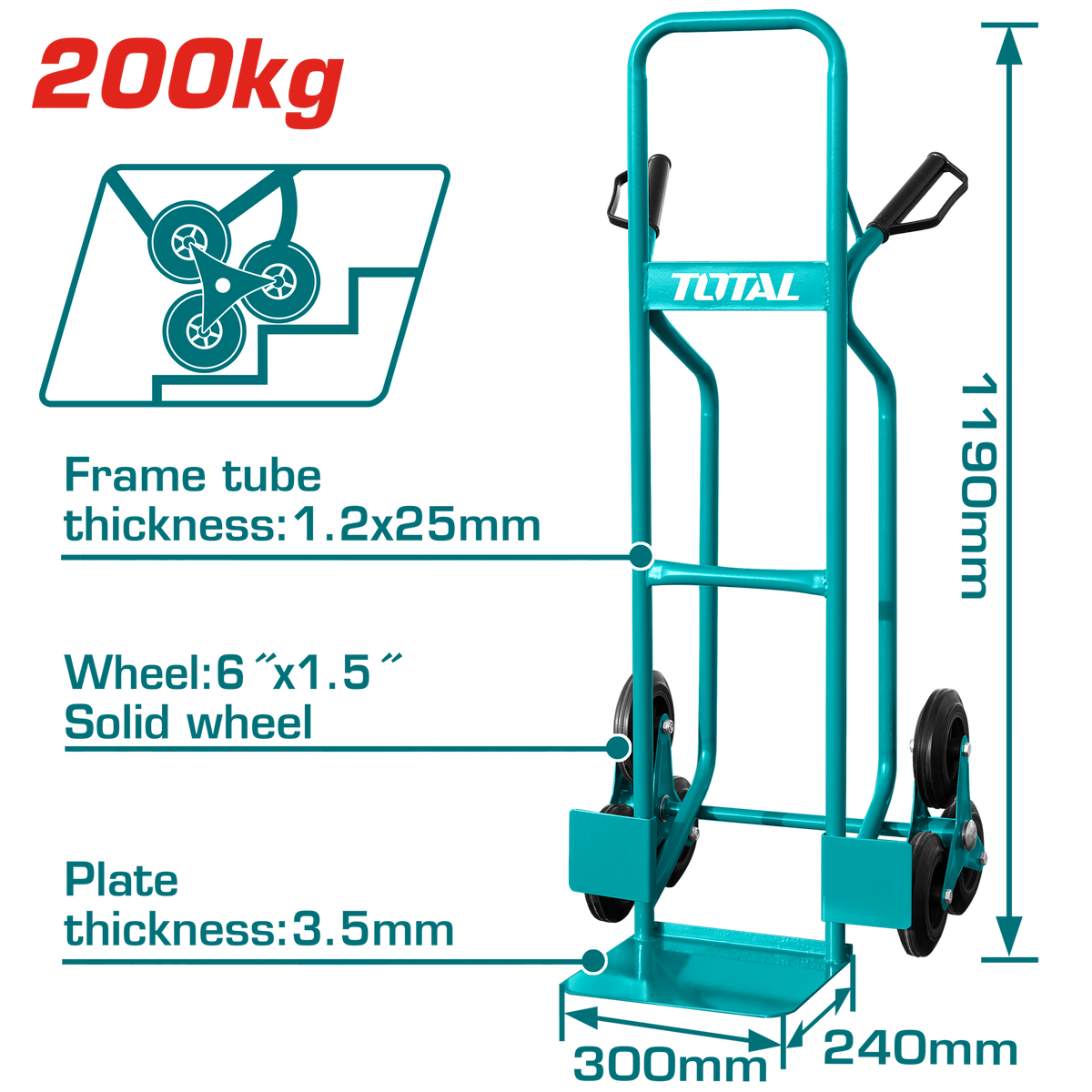 TOTAL 3-Wheel Stair Climbing Hand Trolley – 200kg Capacity, Solid Wheels, Heavy-Duty Design (THTHT20461)