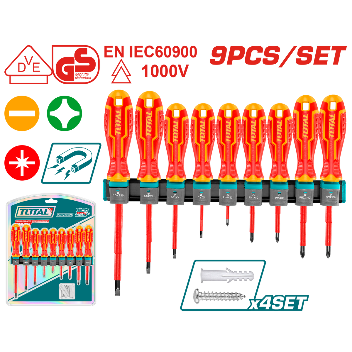 TOTAL 9 Pcs Insulated Screwdriver Set – 1000V VDE+GS Certified (THTIS596)