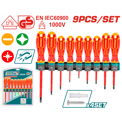 TOTAL 9 Pcs Insulated Screwdriver Set – 1000V VDE+GS Certified (THTIS596)