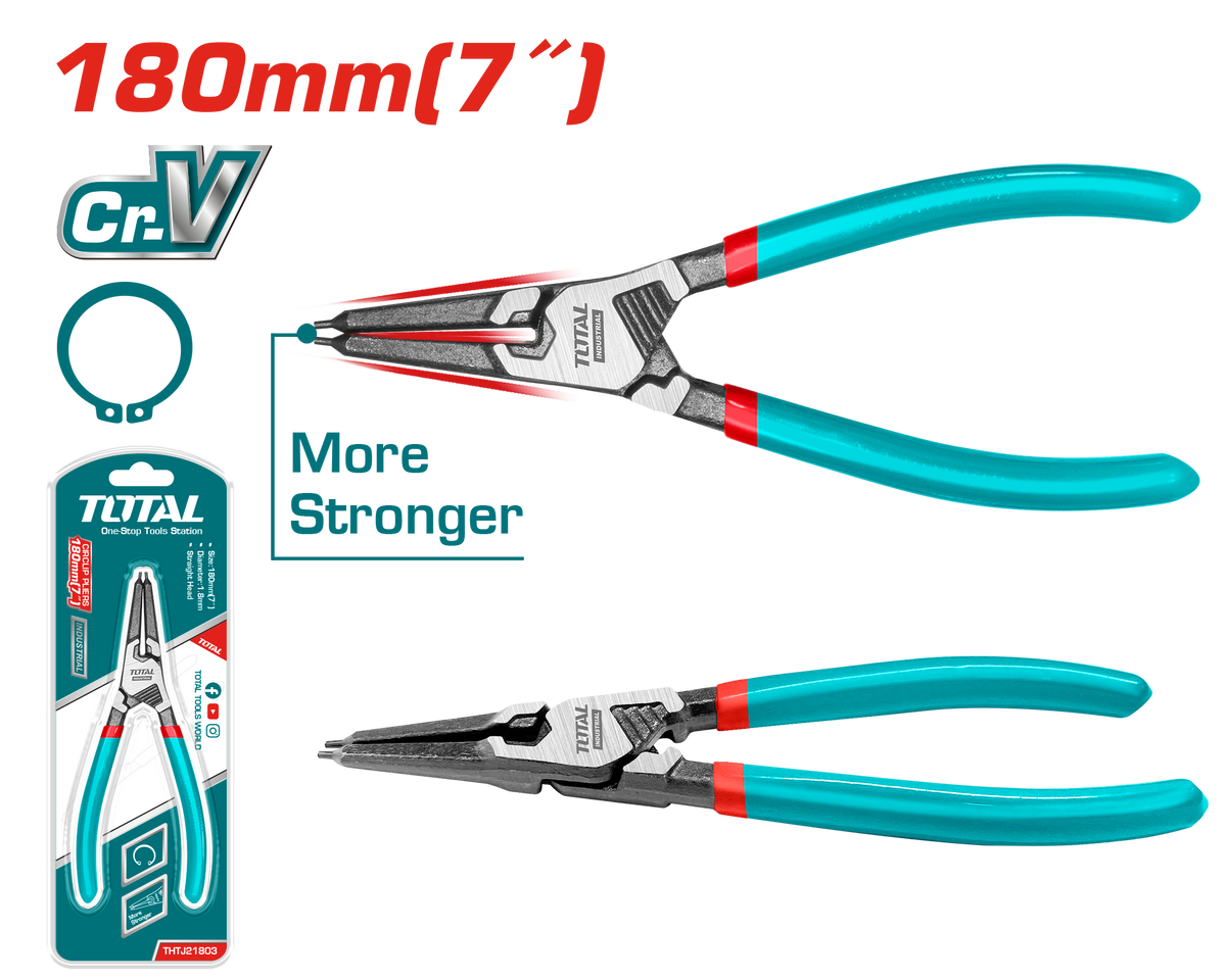 TOTAL Circlip Pliers – Straight Head Internal Type 180mm | 7" Cr-V Steel (THTJ21803)