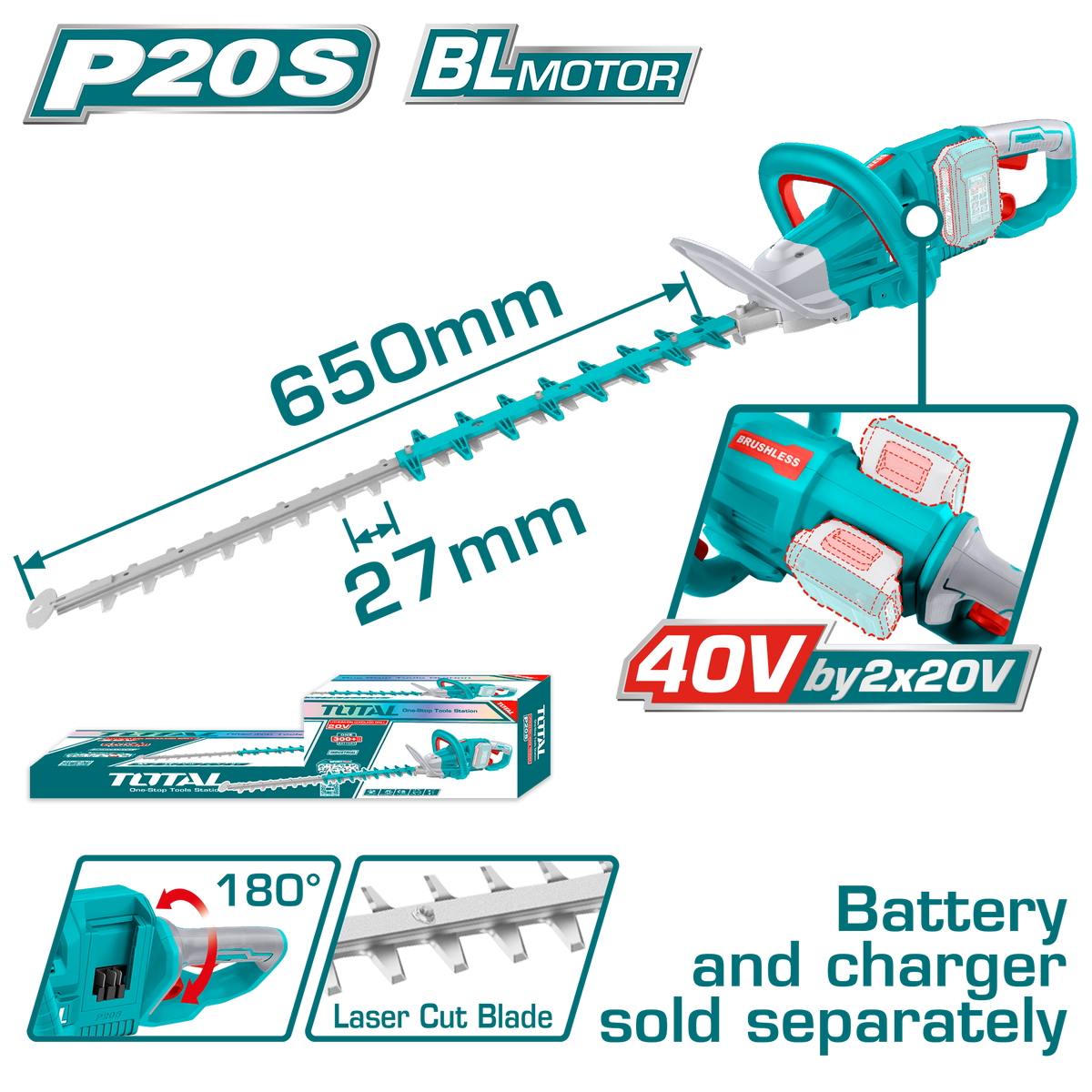TOTAL Cordless Hedge Trimmer 40V Brushless, 650mm - Without Battery & Charger (THTLI40028)