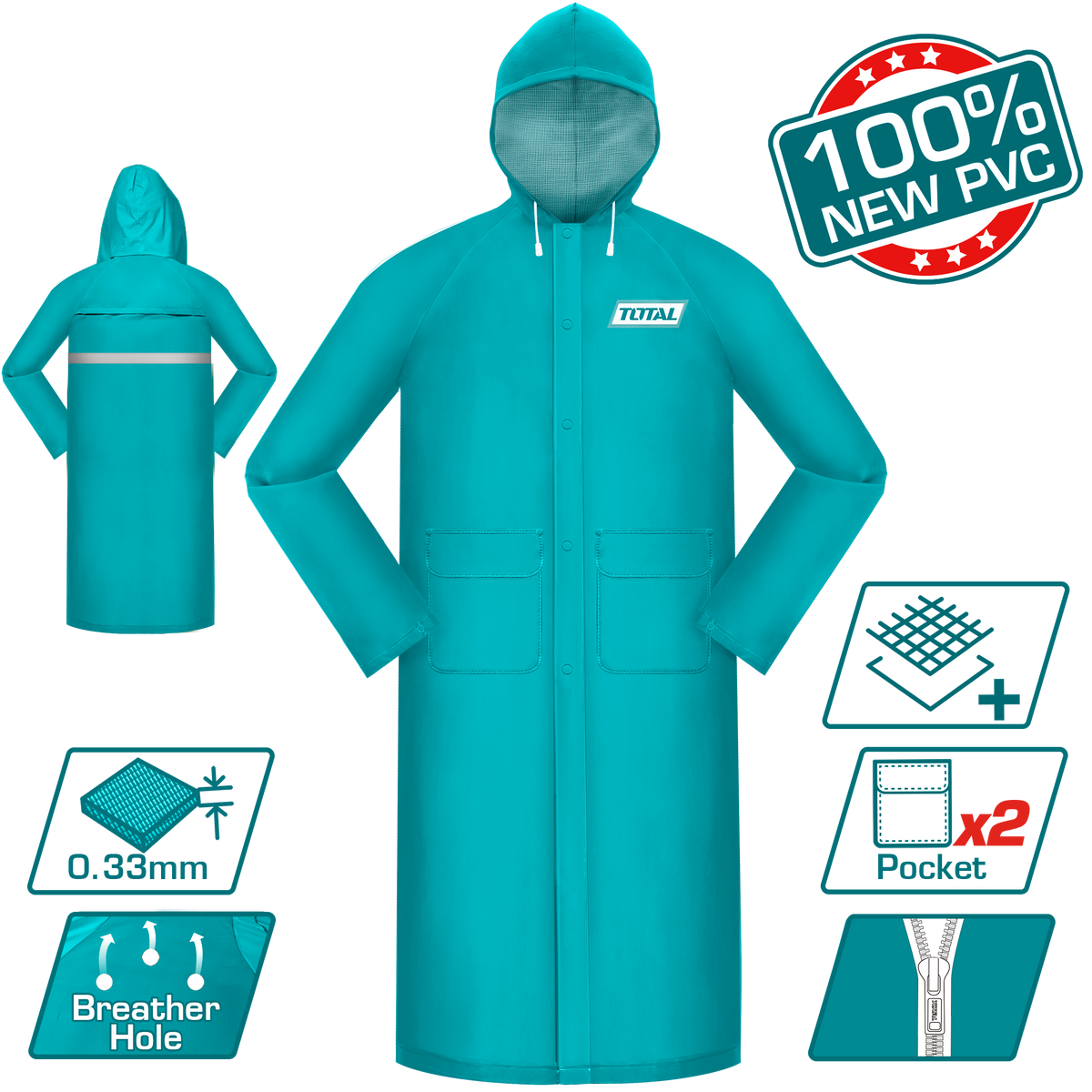 TOTAL Rain Coat – PVC + Polyester, Waterproof with Reflective Strip (THTRC031)