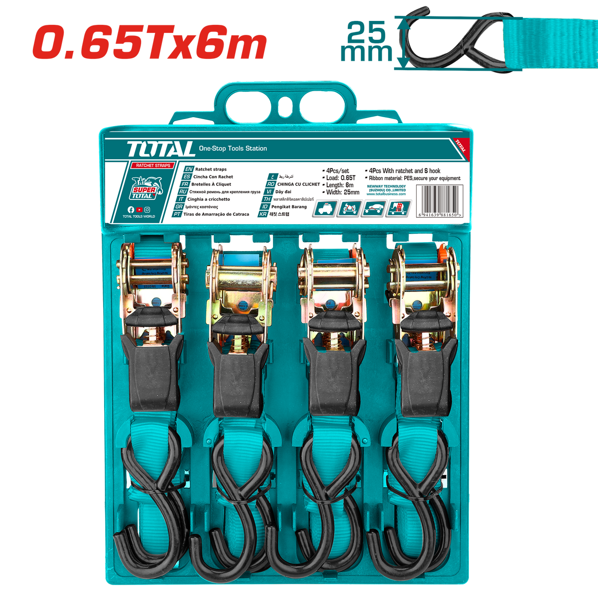 TOTAL 4pcs Ratchet Straps Set – 0.65T Load Capacity, 6m Length, S-Hook, Heavy Duty Tie-Down Straps (THTRS065606)