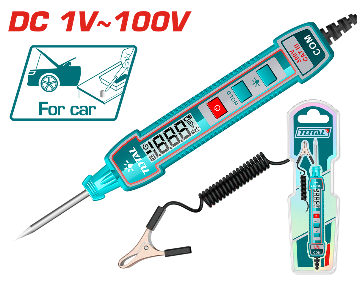 TOTAL Automotive Digital Circuit Tester with Backlight & Flashlight – DC 1-100V, 2700mm Cable (THTS41001)