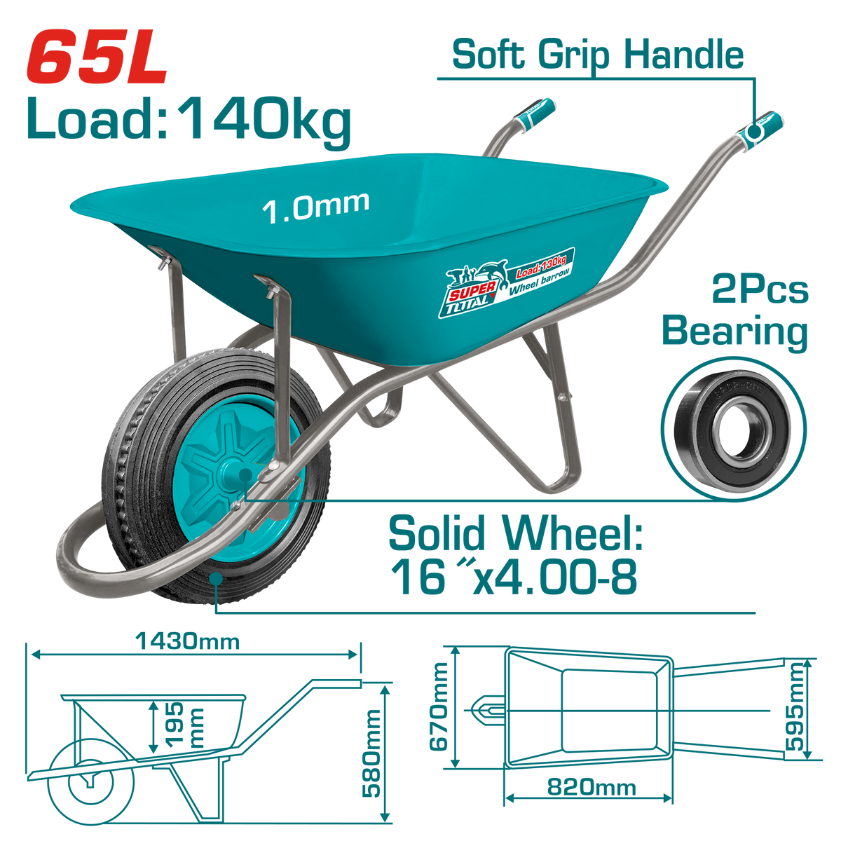 TOTAL Heavy Duty Wheelbarrow 140kg – Solid Wheel Garden & Construction Cart (THTWB4010D)