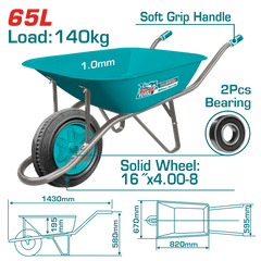 TOTAL Heavy Duty Wheelbarrow 140kg – Solid Wheel Garden & Construction Cart (THTWB4010D)