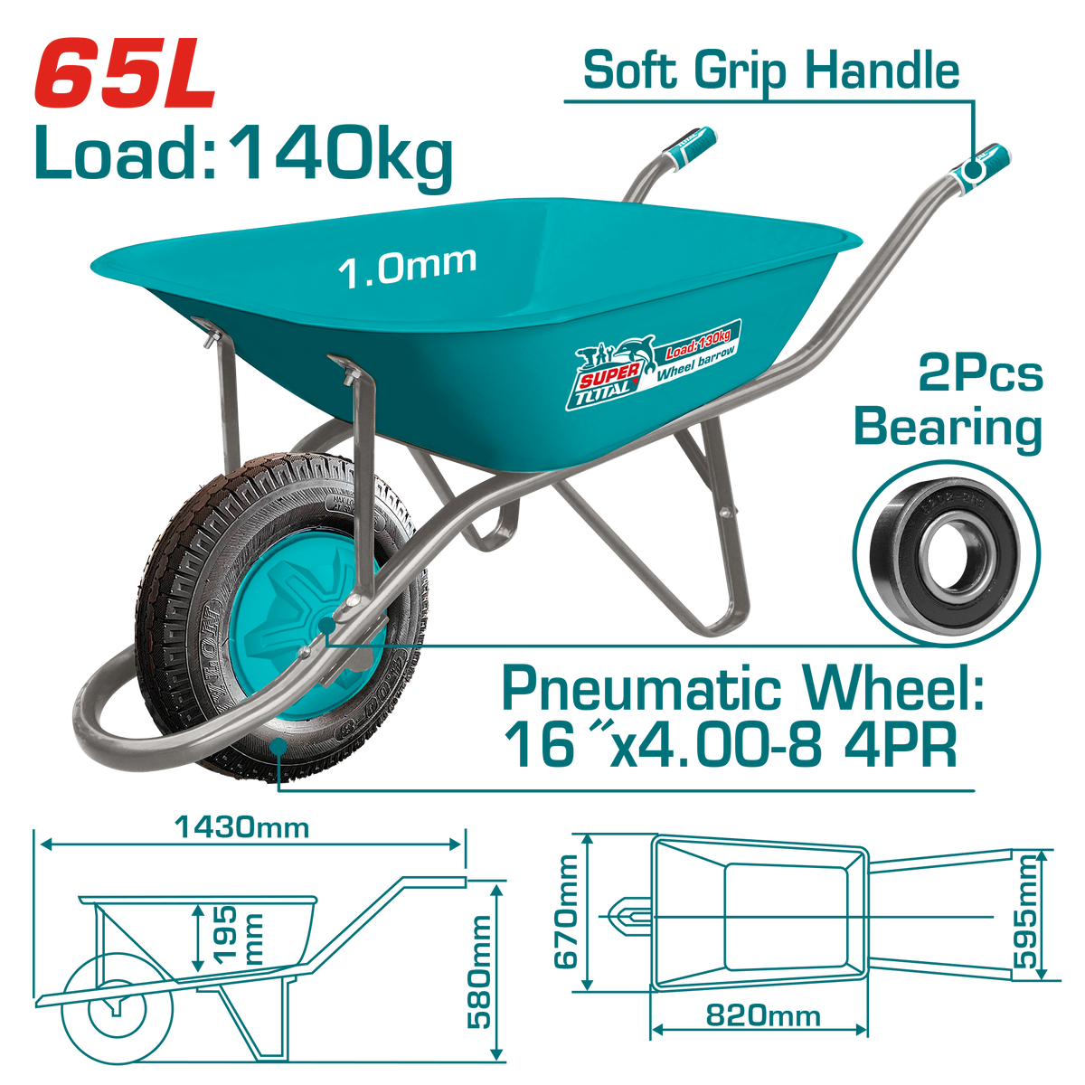 TOTAL Heavy Duty Wheelbarrow 140kg – Pneumatic Wheel Construction Cart (THTWB4010P)