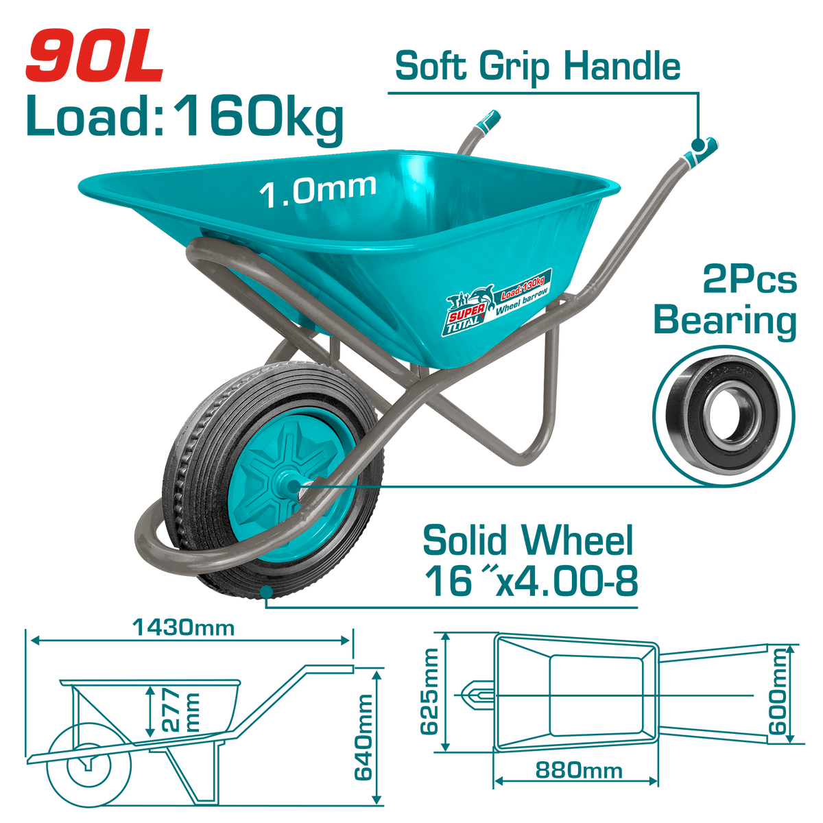 TOTAL Heavy Duty Wheelbarrow 160kg – Solid Wheel Construction Cart (THTWB418GD)