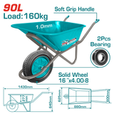 TOTAL Heavy Duty Wheelbarrow 160kg – Solid Wheel Construction Cart (THTWB418GD)