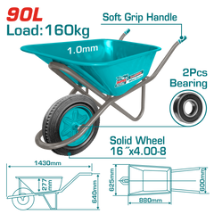 TOTAL Heavy Duty Wheelbarrow 160kg – Solid Wheel Construction Cart (THTWB418GD)