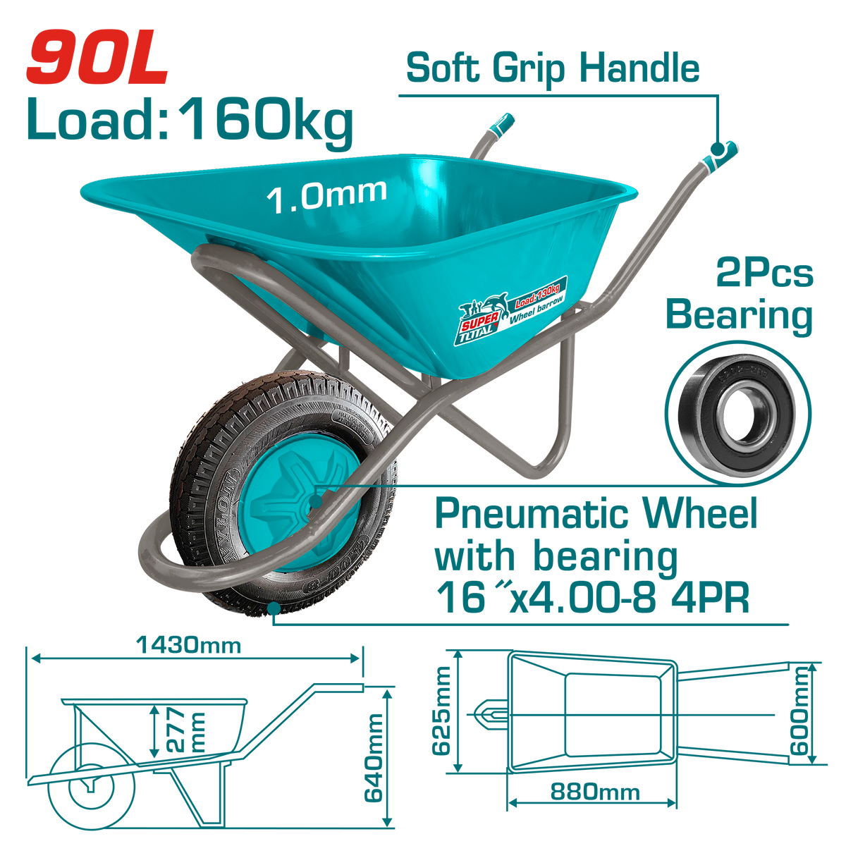 TOTAL Heavy Duty Wheelbarrow 160kg – Pneumatic Wheel Construction Cart (THTWB418GP)