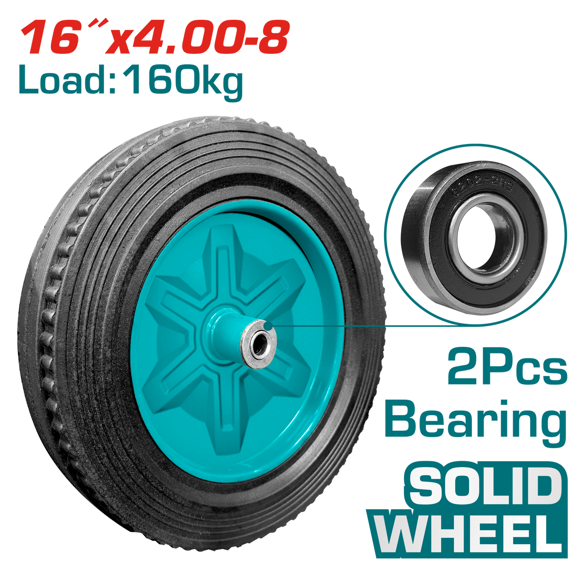 TOTAL 16" Solid Wheel with Bearing – Heavy Duty Wheelbarrow Replacement Wheel (THTWEL410D)