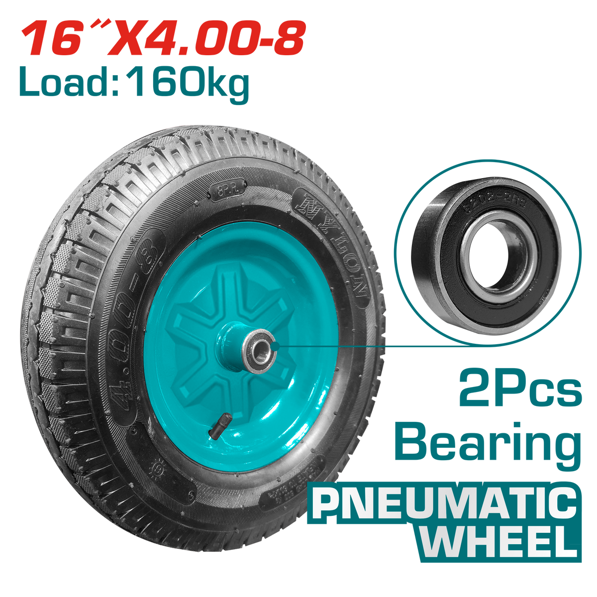 TOTAL 16" Pneumatic Wheel with Bearing – Heavy Duty Wheelbarrow Replacement Wheel (THTWEL410P)