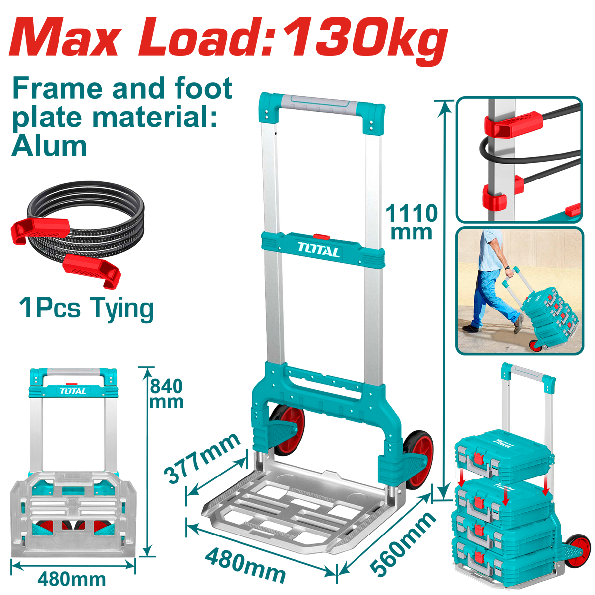 TOTAL Foldable Hand Truck 130kg – Aluminium Portable Folding Trolley (THWB61201)