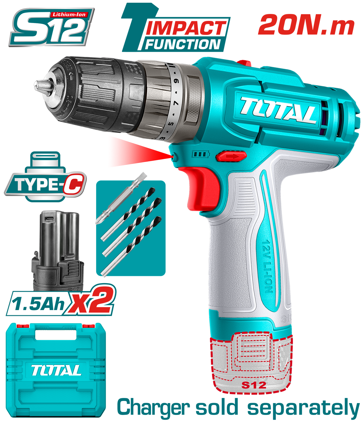 TOTAL 12V Cordless Impact Drill – 20Nm Torque, 22500bpm, LED Light, USB-C Charging, 2×1.5Ah Batteries (TIDLI12206)