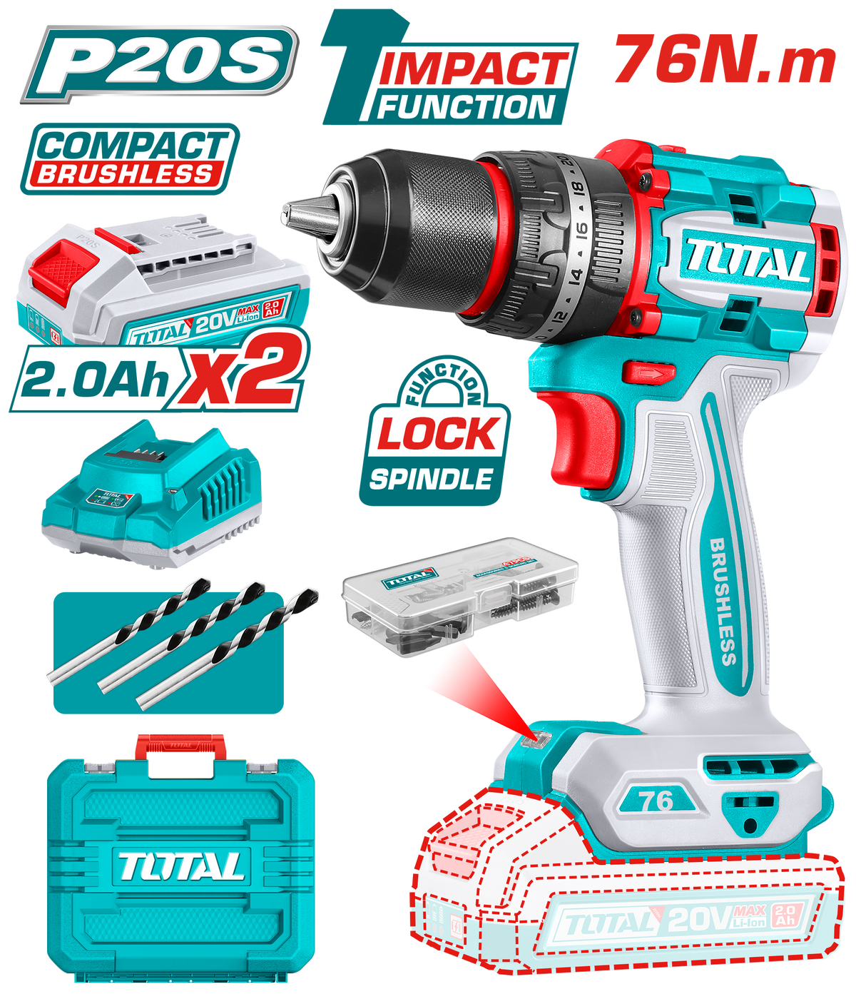 TOTAL Brushless Cordless Impact Drill 76N.m – 20V (TIDLI20768)