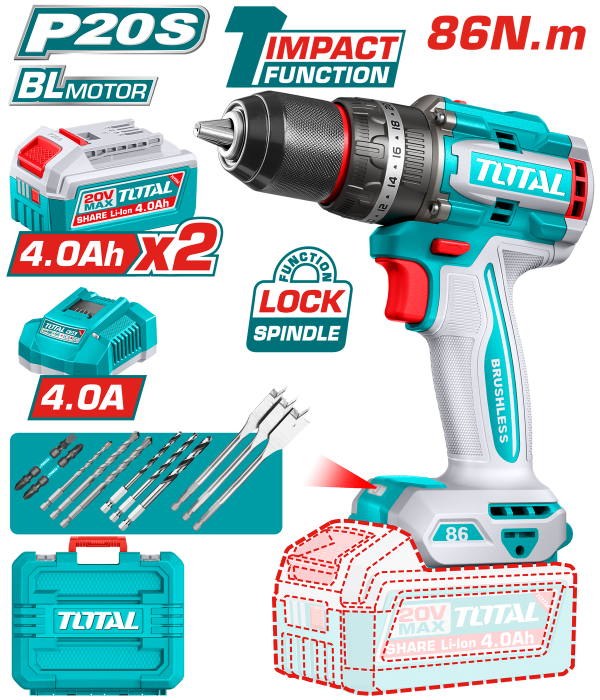 TOTAL 20V Brushless Cordless Impact Drill 13mm – 86Nm with 2×4.0Ah Batteries & Accessories Kit (TIDLI208682)