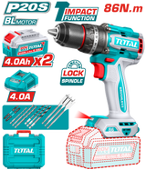 TOTAL 20V Brushless Cordless Impact Drill 13mm – 86Nm with 2×4.0Ah Batteries & Accessories Kit (TIDLI208682)